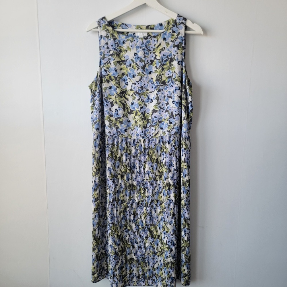 J Jill Women's Pleated midi Dress size MT Blue Green Floral Sleeveless boho